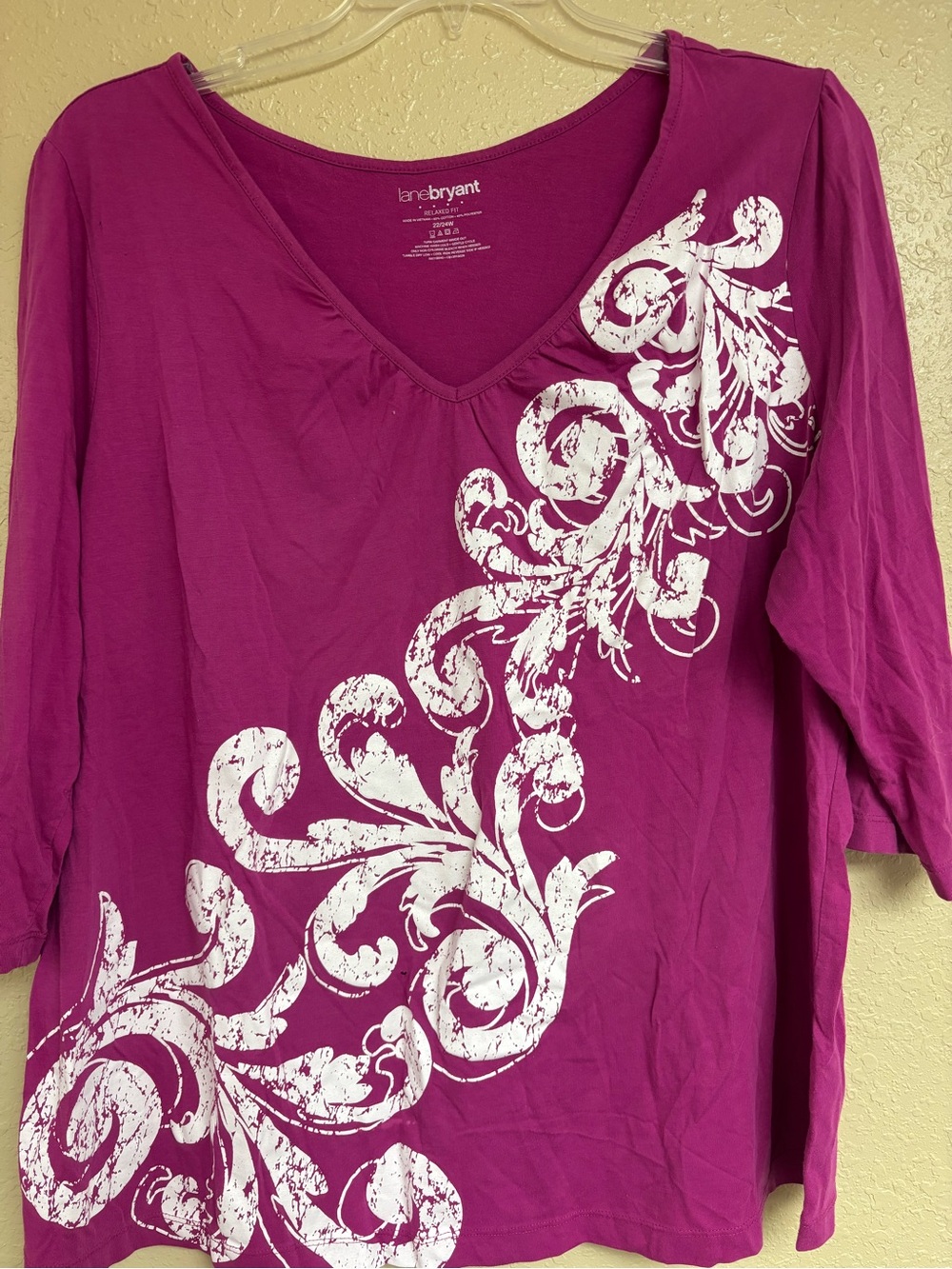 Lane Bryant Fuchsia V-Neck Long Sleeve Top with White Floral Scroll